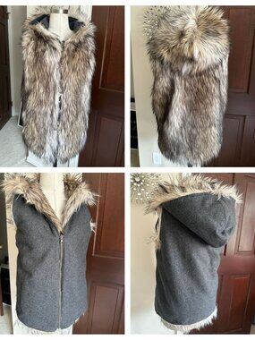 6 SHOREROAD zip reversible faux fur gray wool hooded hopi vest Small